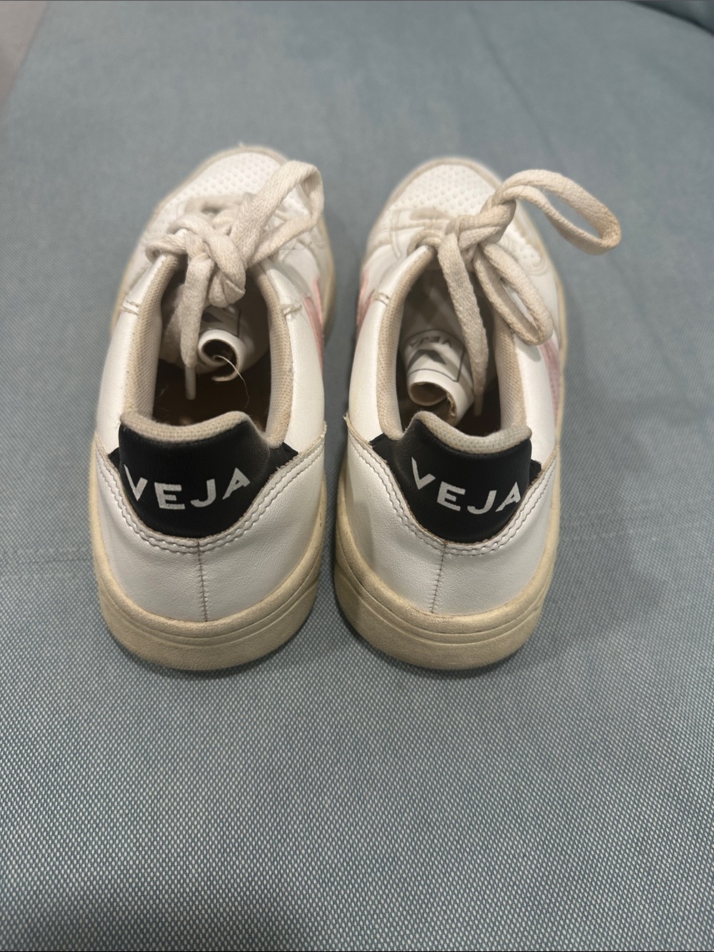 Veja White Sneakers with Pink V Logo and Black Heel Tab